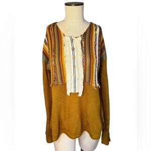 En Crème Women’s Ochre Boho Peasant Crochet Babydoll Lightweight Sweater Sz S
